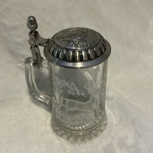 Glass Beer Stein w/ Pewter LID, woodland Deer